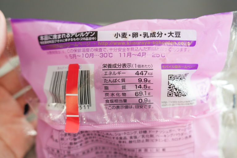 木村屋のあんドーナツの栄養成分表示
