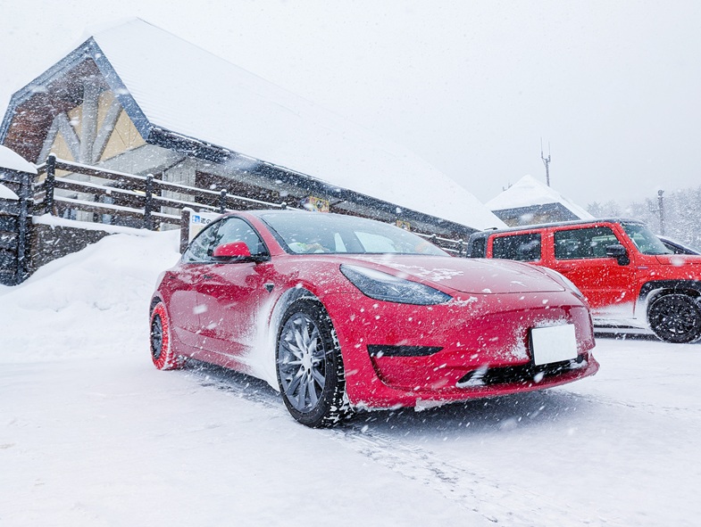 雪が降りしきる中の道の駅つちゆ テスラモデル3