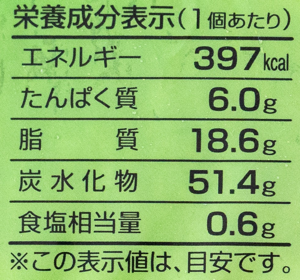 木村屋のジャンボむしケーキ宇治抹茶の栄養成分表示